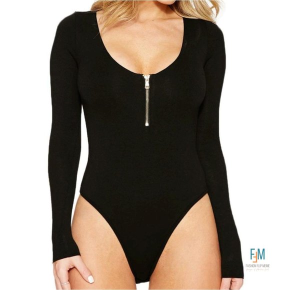 New! Scoop-Neck Zip-Front Long Sleeve Bodysuit - Picture 1 of 4